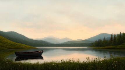 Serene Lake at Sunrise with Mountains and a Small Boat