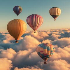 Fototapeta premium Colorful hot air balloons soaring above clouds at sunset; travel, adventure