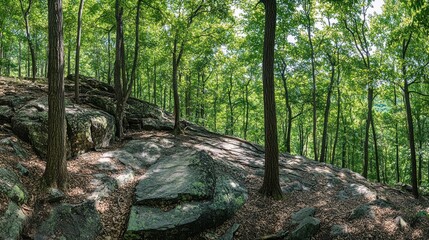 Obraz premium Sunny forest hillside, rocky trail, dappled light, green canopy, nature background