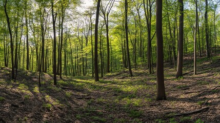 Obraz premium Sunlit forest path, green canopy, dappled light, hillside, nature scene, hiking backdrop