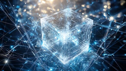 A cube is floating in a blue background with a lot of lines and dots