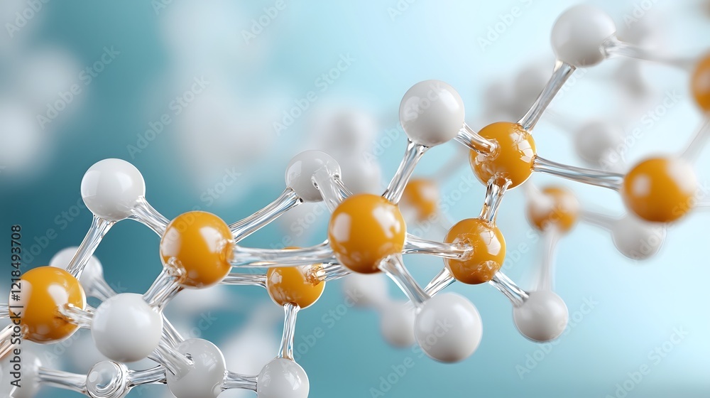 Poster interpretation of molecular biology featuring dynamic floating molecules and intricate protein chain