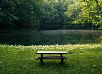 Obraz premium Serene Lakeside Picnic Area in a Lush Forest