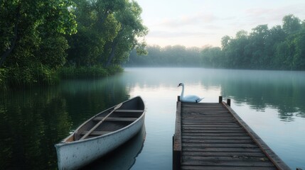 Fototapeta premium Serene Misty Lake With Swan At Sunrise