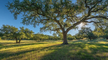 Obraz premium Sunlit Texas oak grove pasture, morning, idyllic landscape, real estate