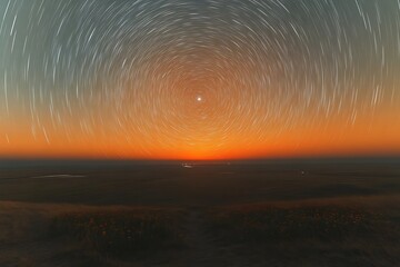 Star trails over orange sunset landscape.