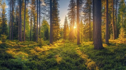 Fototapeta premium Sunset forest panorama, sun rays, trees, moss, nature, tranquility, peaceful, background, landscape, poster
