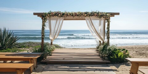 A creative beachside wedding venue with a canopy decorated with sheer fabric and flowers, set against the ocean waves