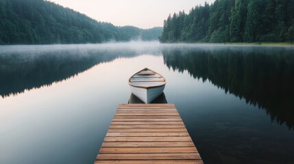 Obraz premium Serene Morning Mist on Calm Lake with Rowboat at Wooden Dock