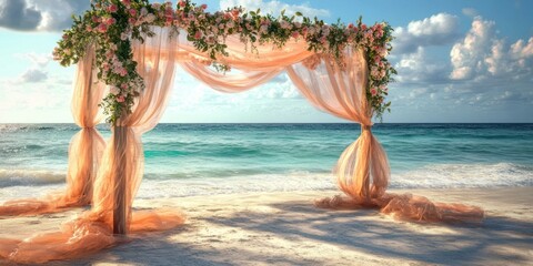 A creative beachside wedding venue with a canopy decorated with sheer fabric and flowers, set against the ocean waves