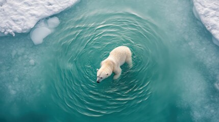A polar bear diving into icy waters, its fur creating ripples on the surface,