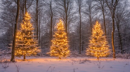 Snowy forest, three illuminated Christmas trees, winter wonderland, holiday card