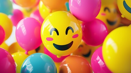 A bunch of colorful balloons with a smiling face on them