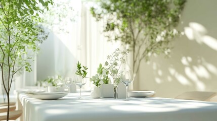 Fototapeta premium A creative wedding concept featuring a minimalist setup, with white and green decor blending elegance with simplicity