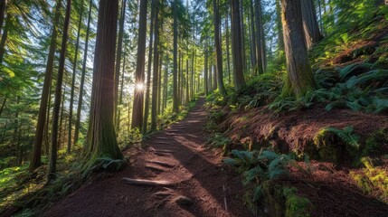 Obraz premium Sunlit forest trail uphill, ferns, Pacific Northwest, hiking