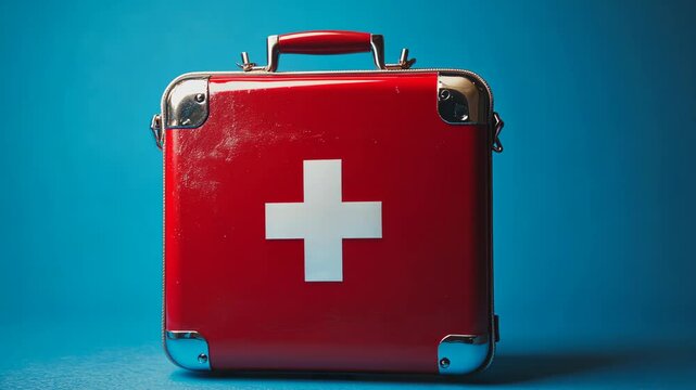 Red first aid kit positioned against a bright blue background during a health and safety awareness campaign