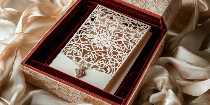 A luxurious wedding invitation with intricate laser-cut designs, presented in a velvet-lined box with ribbons