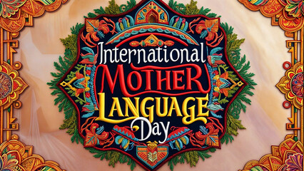 A colorful illustration celebrating feb event of International Mother Language Day. It features a central word text with intricate designs and patterns, floral elements and architectural motifs.