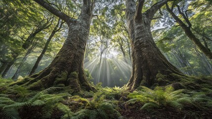 Sunbeams through ancient forest trees, misty background, nature poster