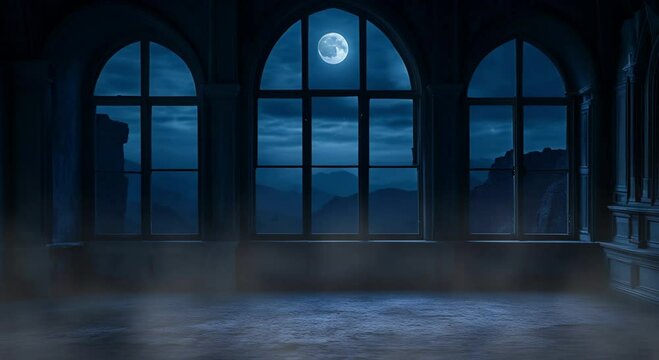 Mysterious Castle Interior with Full Moon View, looping 4k time-lapse virtual video animation Generated AI