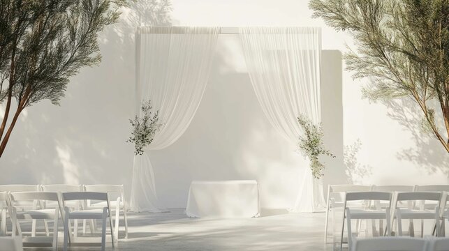A minimalist wedding ceremony setup with white chairs, a simple arch draped in sheer fabric, and a clean, natural backdrop - Powered by Adobe
