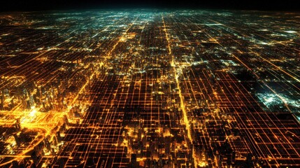 Aerial Night Cityscape, Network Grid, Data Flow, Futuristic, Technology, Background, Presentation