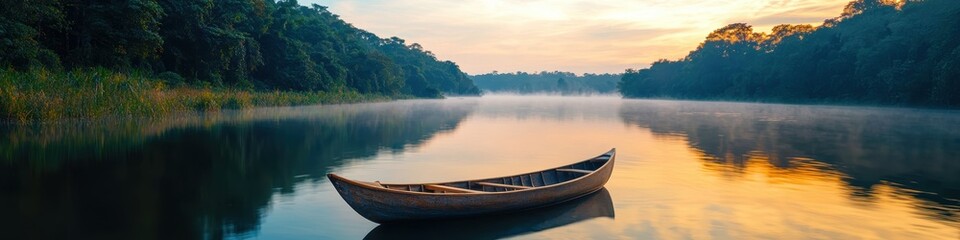 Obraz premium Serene River Landscape at Sunrise with a Small Boat