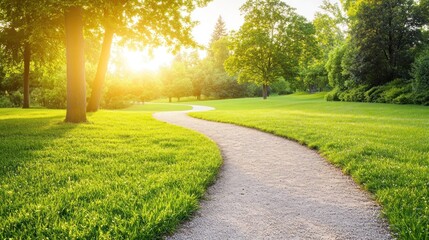 Obraz premium Sunlit park path winding through green grass, trees; sunrise background