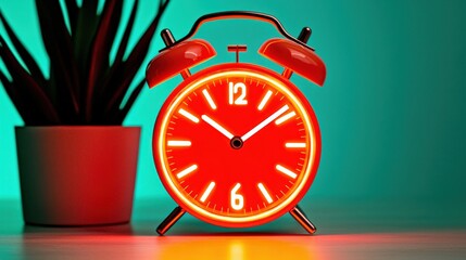 Bright Red Alarm Clock with Neon Glow on Wooden Table Against Turquoise Background with Potted Plant