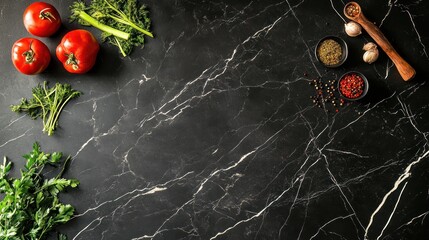 Dark marble cooking surface with tomatoes, herbs, spices; recipe background