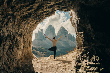 Incredibly beautiful Tre Cime Di Lavaredo. View from a mountain cave looking towards the three peaks of Lavaredo. Dolomite Alps. Italy. Europe. Landscape photography.