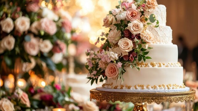 A stunning multi-tiered wedding cake adorned with fresh flowers and gold accents, displayed on a beautifully decorated table