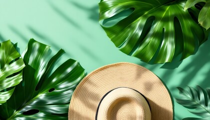 Summer Vacation: Tropical Hat and Lush Monstera Leaves