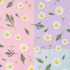 Obraz premium A repeating floral design with delicate daisies and small green leaves in soft pastel tones