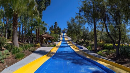 Thrilling waterslide descends hillside, sunny park background, summer fun