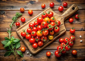 Ripe Cherry Tomatoes on Wooden Board - High Definition Closeup