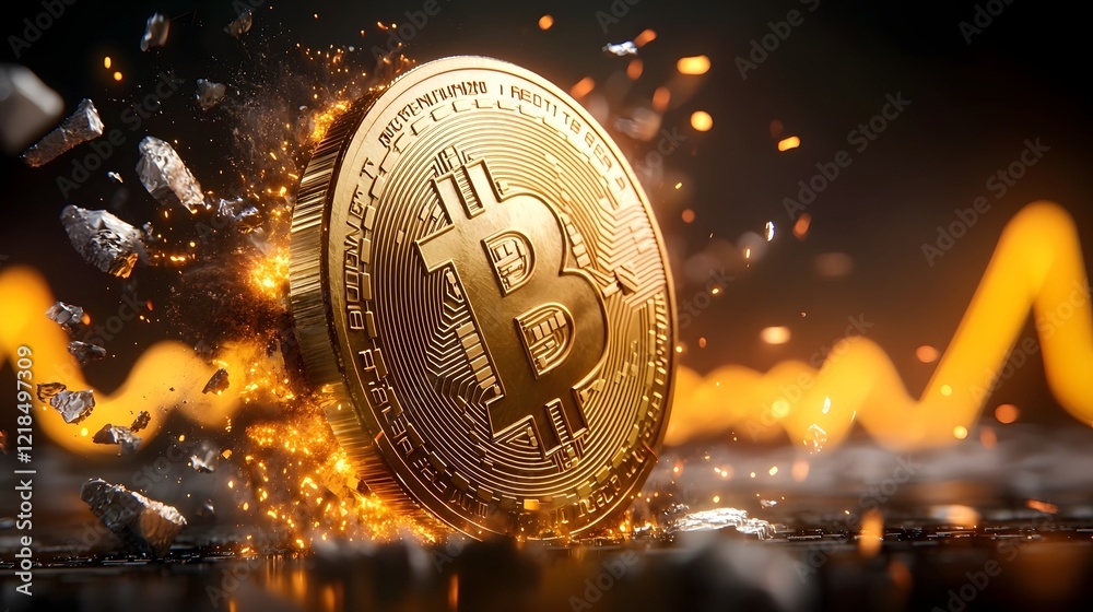 Poster collapsing golden bitcoin coin with red downward trend lines symbolizing cryptocurrency financial in