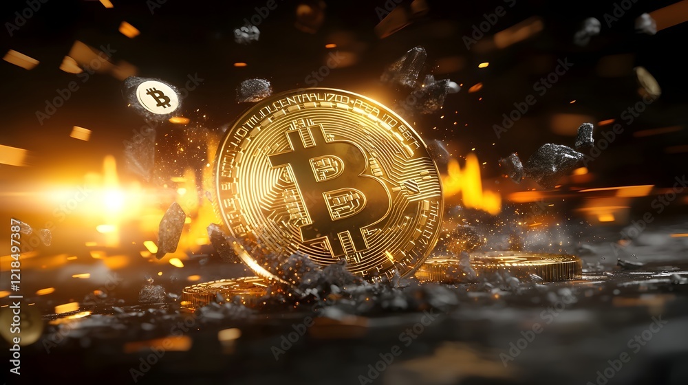 Aufkleber Dramatic Bitcoin Crash with Falling Golden Coin and Broken Financial Graphs Depicting Market Volatility and Uncertainty in the Cryptocurrency and Market