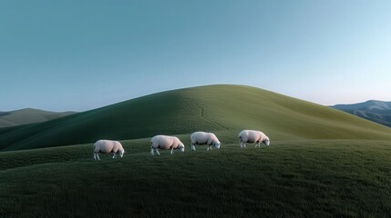 Fototapeta premium A herd of sheep grazing on a rolling green hillside under a clear blue sky,