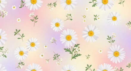 Obraz premium A repeating floral design with delicate daisies and small green leaves in soft pastel tones