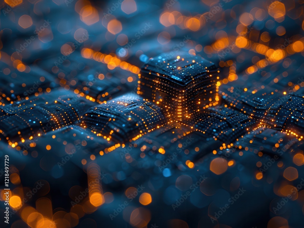 Wall mural luminous cube in a futuristic digital cityscape: an abstract 3d rendering