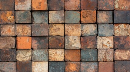 Rustic terracotta cubes, stacked wall, outdoor texture, earthy tones, design background