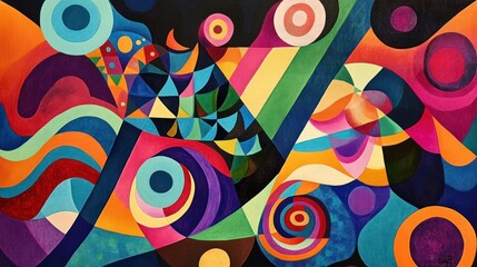 Fototapeta premium Abstract colorful geometric painting with vibrant shapes and swirling patterns.