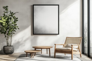 Minimalist living room, armchair, plant, sunlight, artwork, interior design, mockup