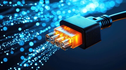 Close-up view of glowing yellow network cables plugged into a server rack.