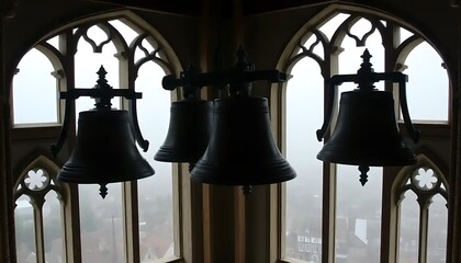Obraz premium Three Church Bells in Gothic Windows View