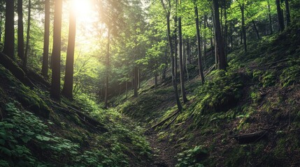 Obraz premium Sunlit forest path, mossy ravine, nature background, hiking trail
