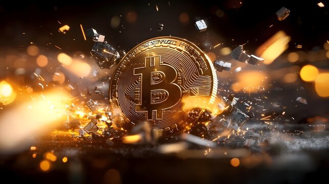 Dramatic scene of a shattered Bitcoin cryptocurrency coin surrounded by exploding financial elements representing the crisis and collapse of the volatile digital currency market and economy