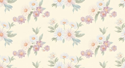 Fototapeta premium A repeating floral design with delicate daisies and small green leaves in soft pastel tones