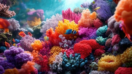 Fototapeta premium A vibrant coral reef teeming with life, with fish of every color darting among the coral,